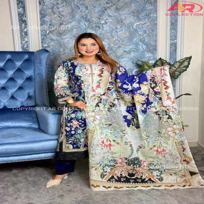আনস্টিচ প্রিমিয়াম কটন প্রিমিয়াম থ্রি-পিস জামা + ওড়না + প্যান্ট (Blue)