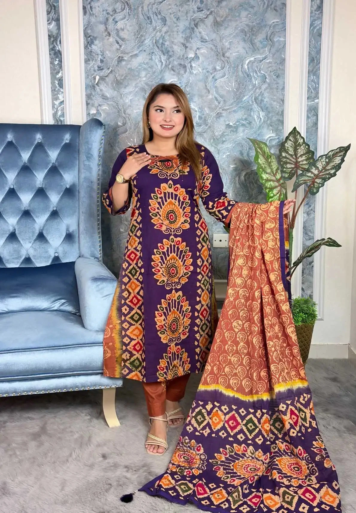 আনস্টিচ প্রিমিয়াম কটন বেক্সি বাটিক থ্রি-পিস জামা + ওড়না + প্যান্ট