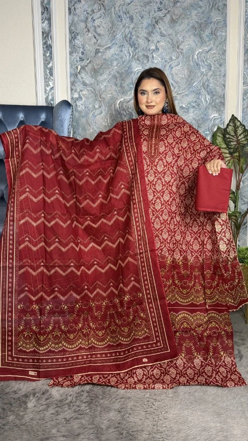 New Exclusive Digital Printed Unstitched VIP Cotton Three Pieces