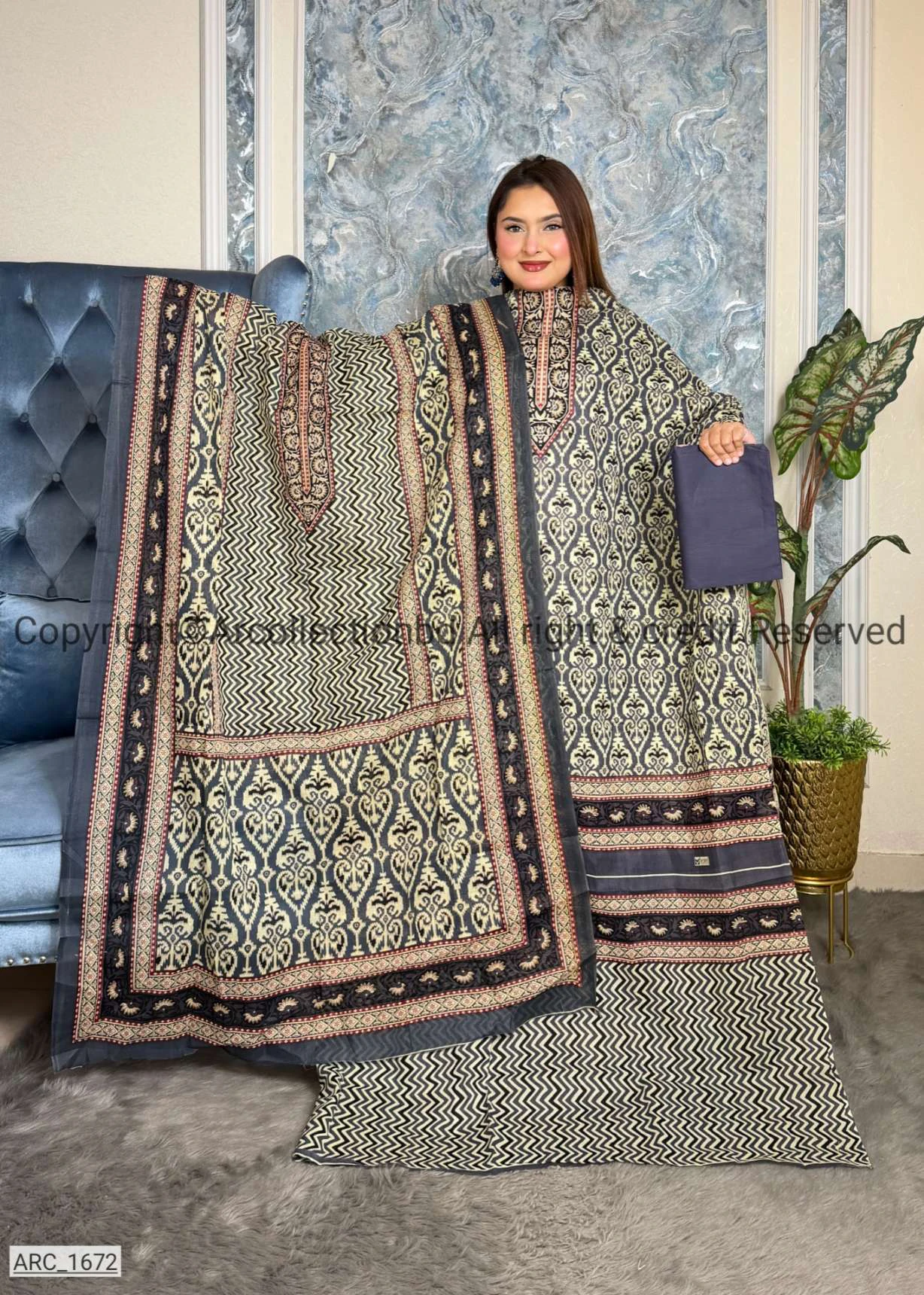 New Exclusive Digital Printed Unstitched VIP Cotton Three Pieces